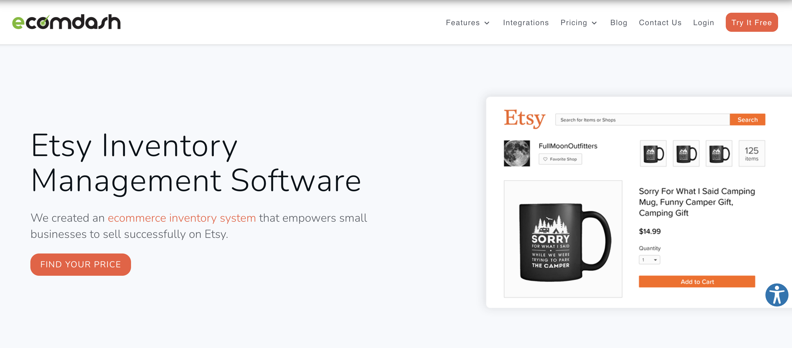 Etsy seller tools: screenshot of EcomDash homepage screen.