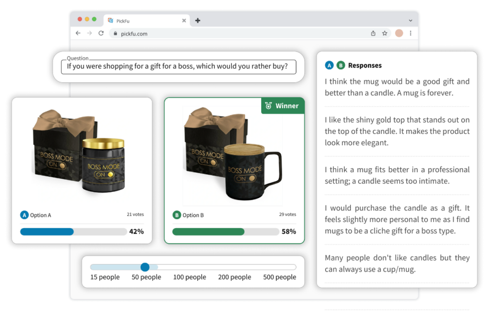 An Amazon product validation poll asking which gift for a boss the audience would rather buy: a mug or a candle