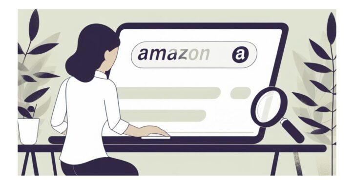 A cartoon woman doing keyword research on amazon