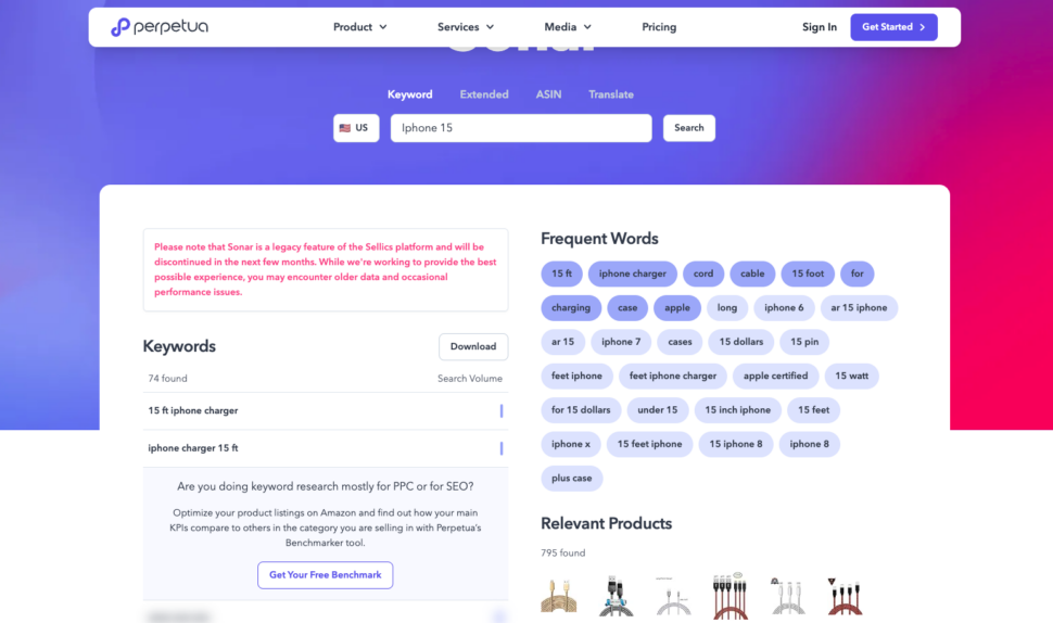 A keyword query search for "iphone 15" in the Perpetua tool, showing different keywords to relate and search volumes from Amazon