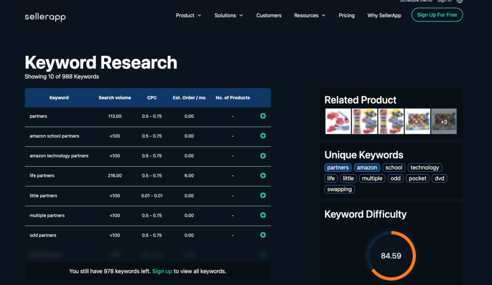 Seller-app-amazon-keyword-tool-showing-keyword-data-for-"amazon"-query