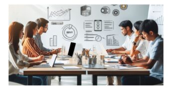 a group of business people at a table talking about marketing strategy