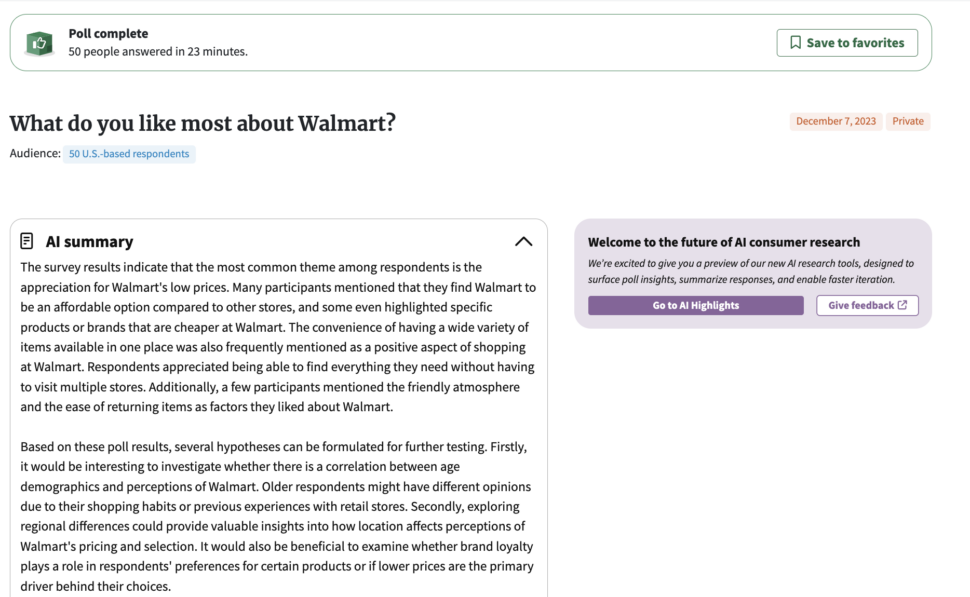 What do you like about Walmart, screenshot of PickFu