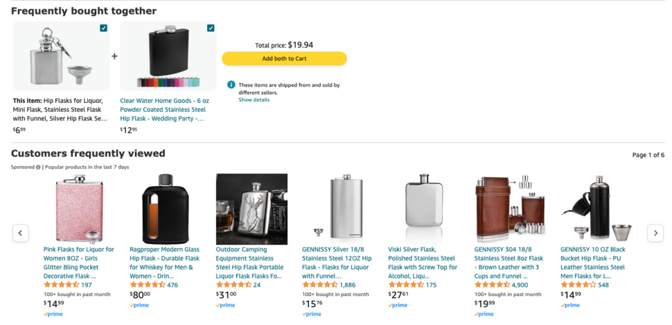 A screenshot of Amazon product listings related products for mini flask