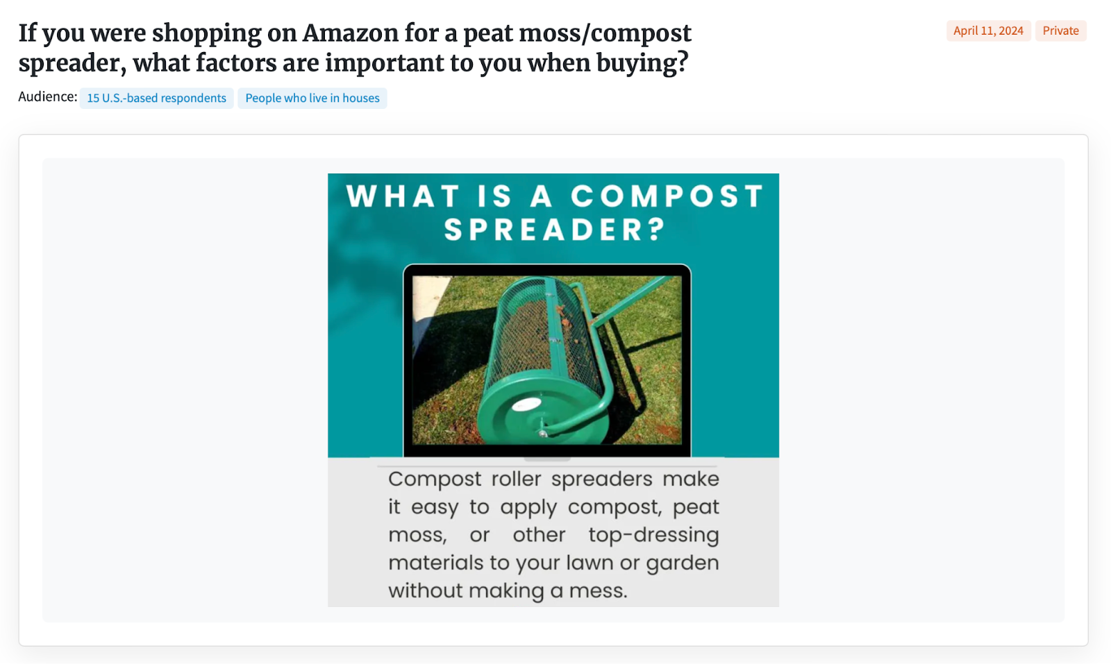 Screenshot of a PickFu survey question asking about shopping for a peat moss/compost spreader on Amazon