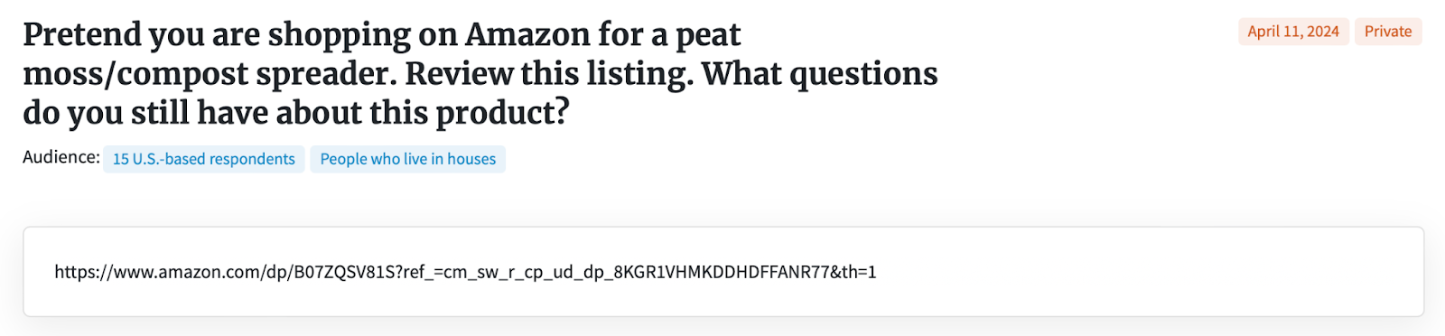 Screenshot of a PickFu survey asking users to visit an Amazon listing link for a peat moss/compost spreader