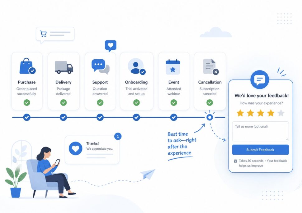 Customer feedback survey prompted after a completed purchase delivery support interaction onboarding event or cancellation