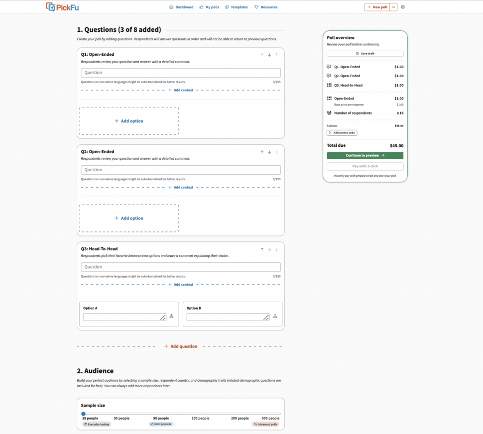 PickFu survey, template builder screenshot for desktop