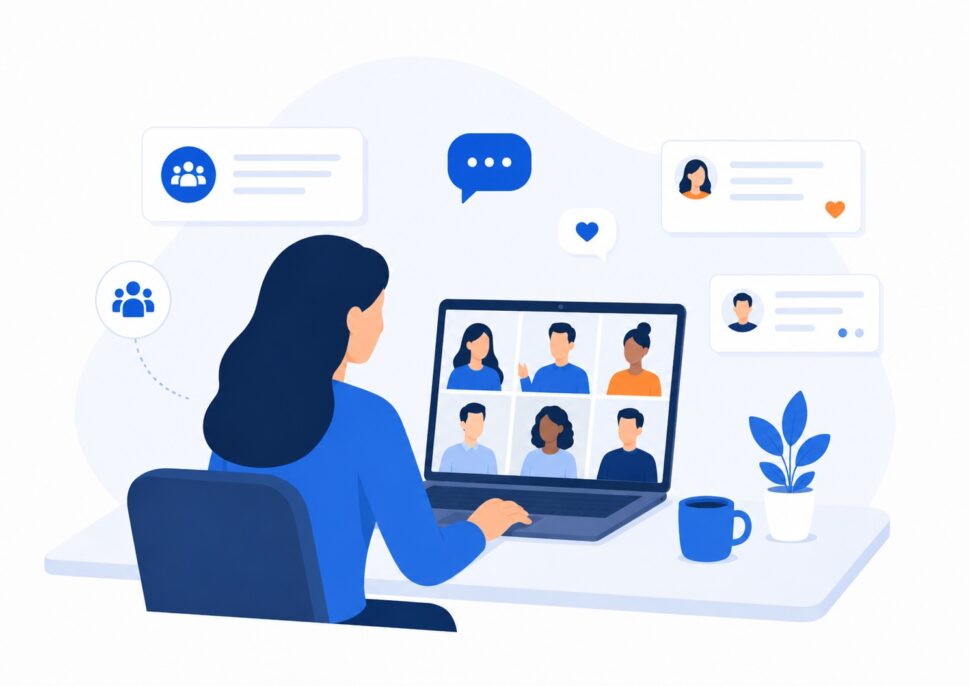 Online focus group illustration with participants in a virtual research community.