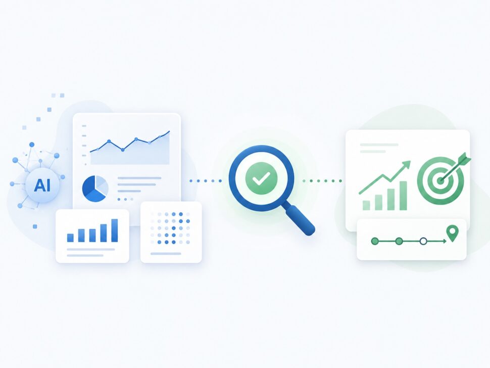 AI-generated research being reviewed and validated before informing a strategic business decision.