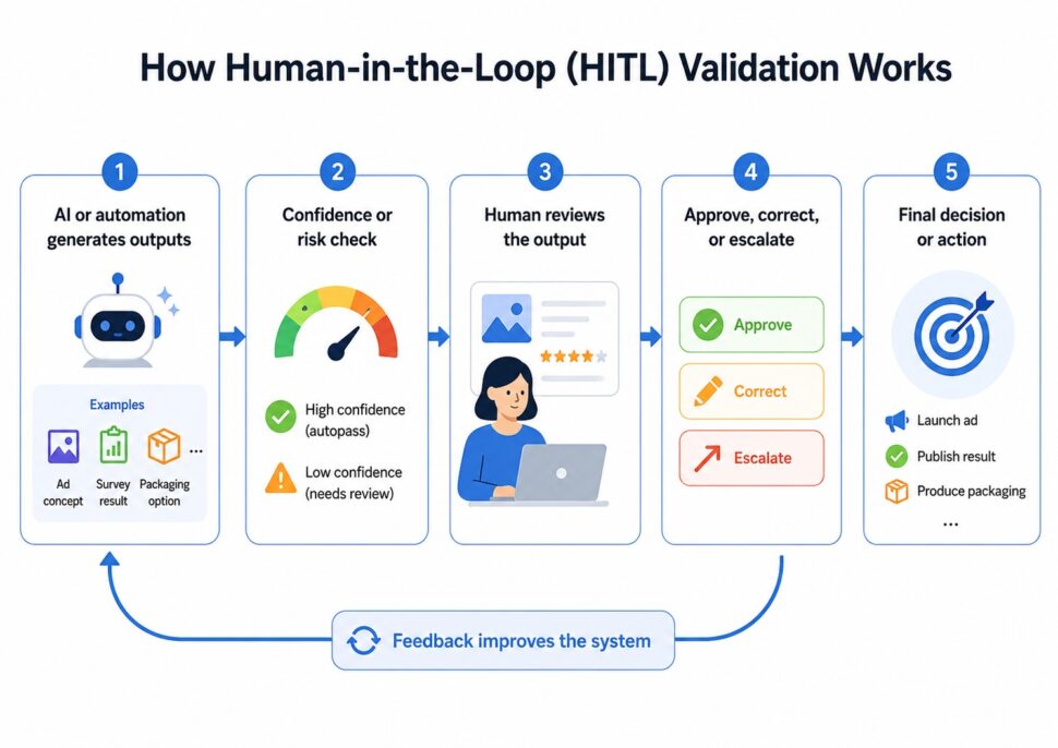 Human-in-the-loop validation workflow diagram showing AI output, risk check, human review, approval or correction, and final action.