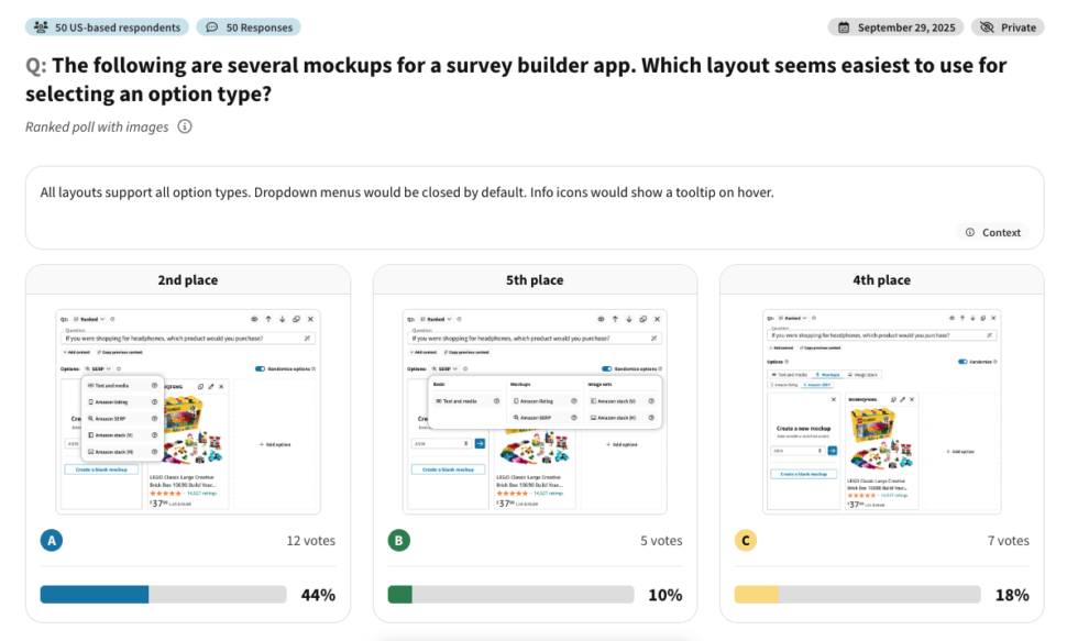 The following are several mockups for a survey builder app. Which layout seems easiest to use for selecting an option type